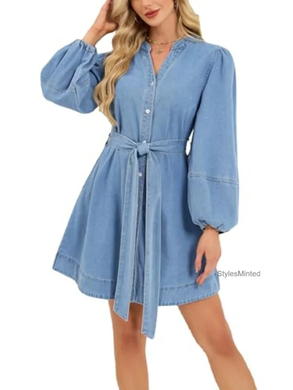 Women's Denim Mini Dress Puff Sleeve Button Down V-Neck Tie Waist A-Line Shift